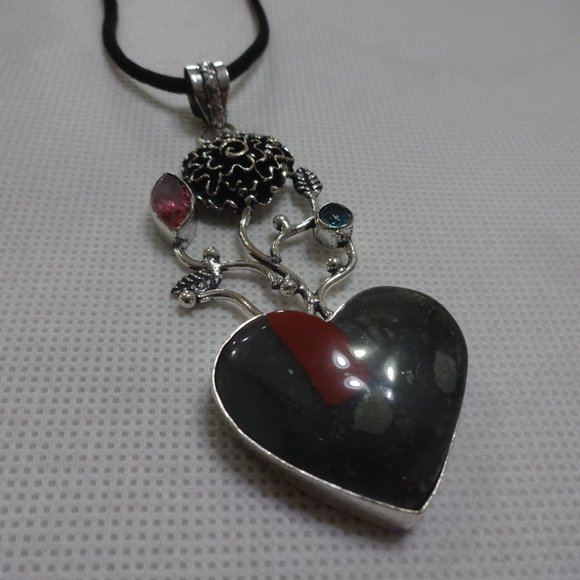 Artistic "FANCY JASPER & PINK/BLUE TOPAZ" FLORAL HEART HANDMADE Necklace 694A - Picture 2 of 3